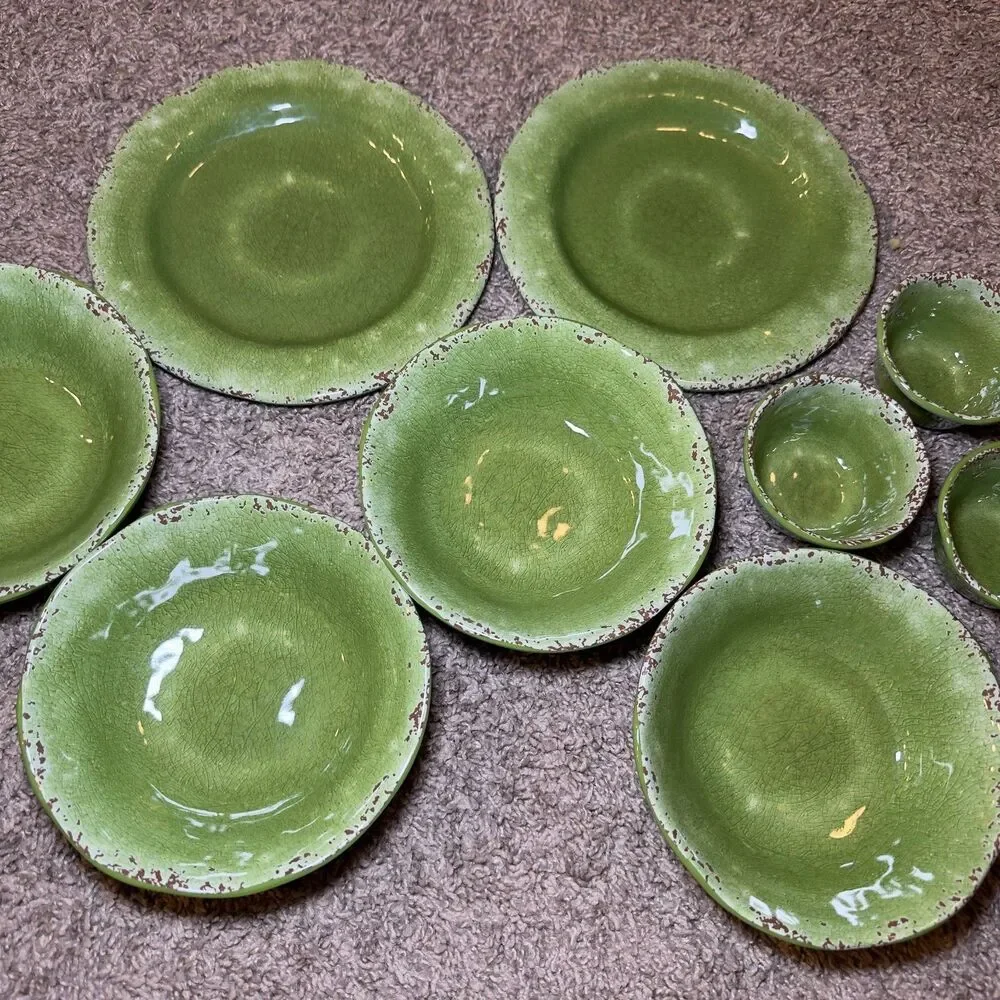 Pier 1 Imports CARMELO Green Melamine Plates Bowls LOT of 9 Snack Set Crackle